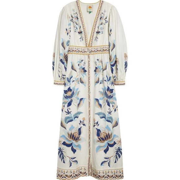 FARM Rio Women's White Blue Mystic Lotus Print Linen Blend Maxi Dress Small NWOT - Picture 1 of 16